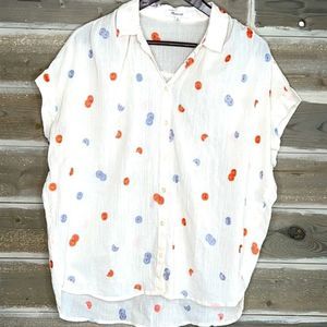 Madewell White Button Down Shirt with Orange and Blue Flower Embroidery